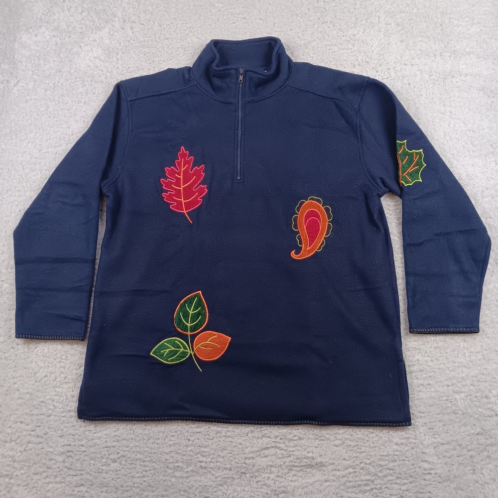 VTG Fashion Bug Fleece Pullover Women XL Navy Blue Embroidered Leaf Quarter Zip